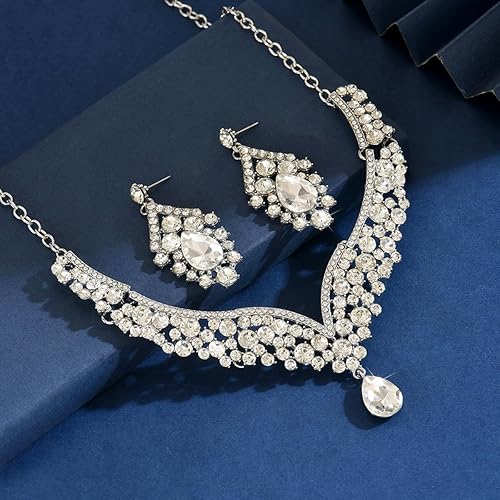 Miniatura 3 de Missgrace Juego de collar y aretes de diamantes de imitación retro indios, verde, rojo, negro, azul, para novia, boda, lágrima, aretes, juego de