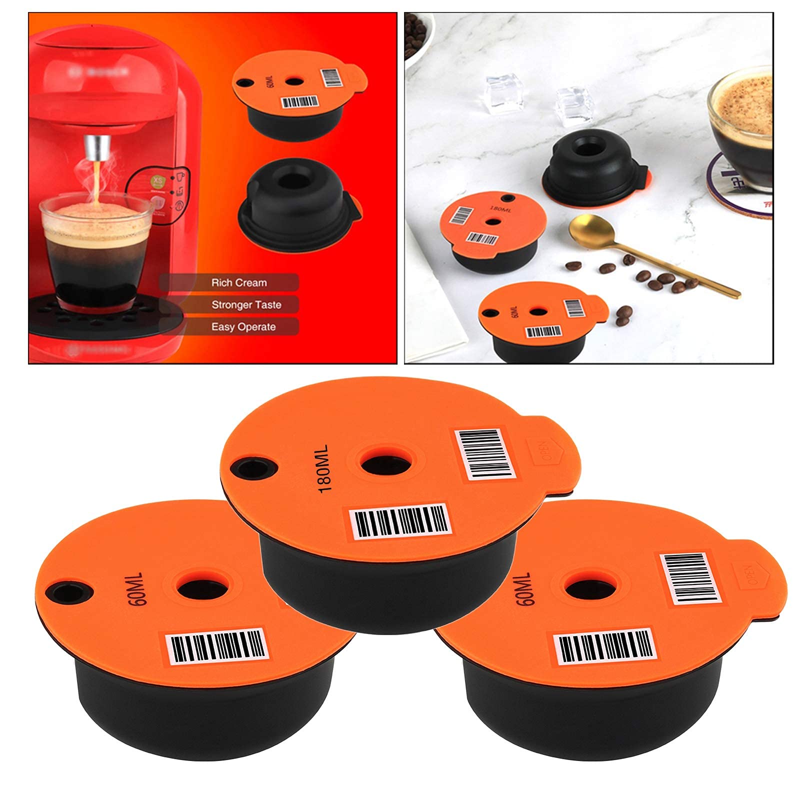 Cápsulas de café de plástico reutilizables recargables para Bosch Tassimo, hogar, oficina, cafetería (2 unidades de 60 ml + 180 ml)