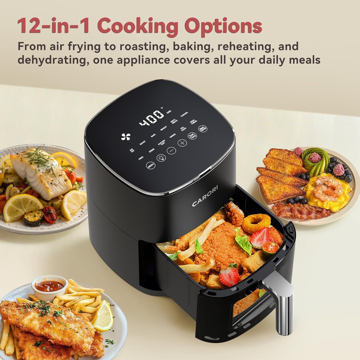 CARORI 6QT Air Fryer with Viewing Window, 12 Cooking Presets, 1700W Fast & Even Cooking, Max 400℉ Crisping, Bake, Roast, Reheat & Dehydrate, Large Nonstick Basket, Dishwasher Safe