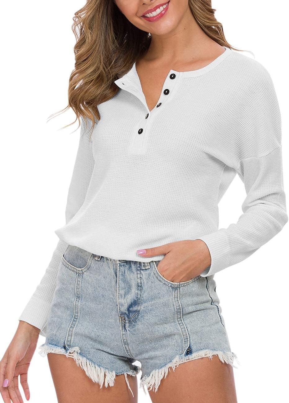 WNEEDU Women's Waffle Knit Tunic Tops Loose Long Sleeve Button Up V Neck Henley Shirts - Image 5