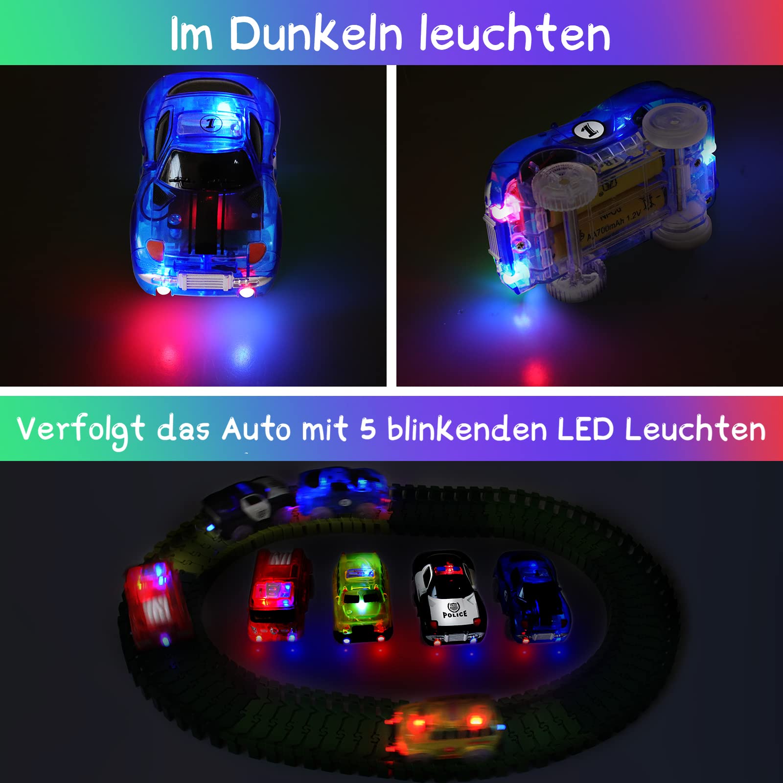 sikkeby Tracks Cars, 4 Pack Circuit Voiture Enfant avec 5 flashs LED, Rail Voiture Jouet Brille dans l'obscurité, Compatible avec la Plupart des Pistes pour Enfants, garçons et Filles