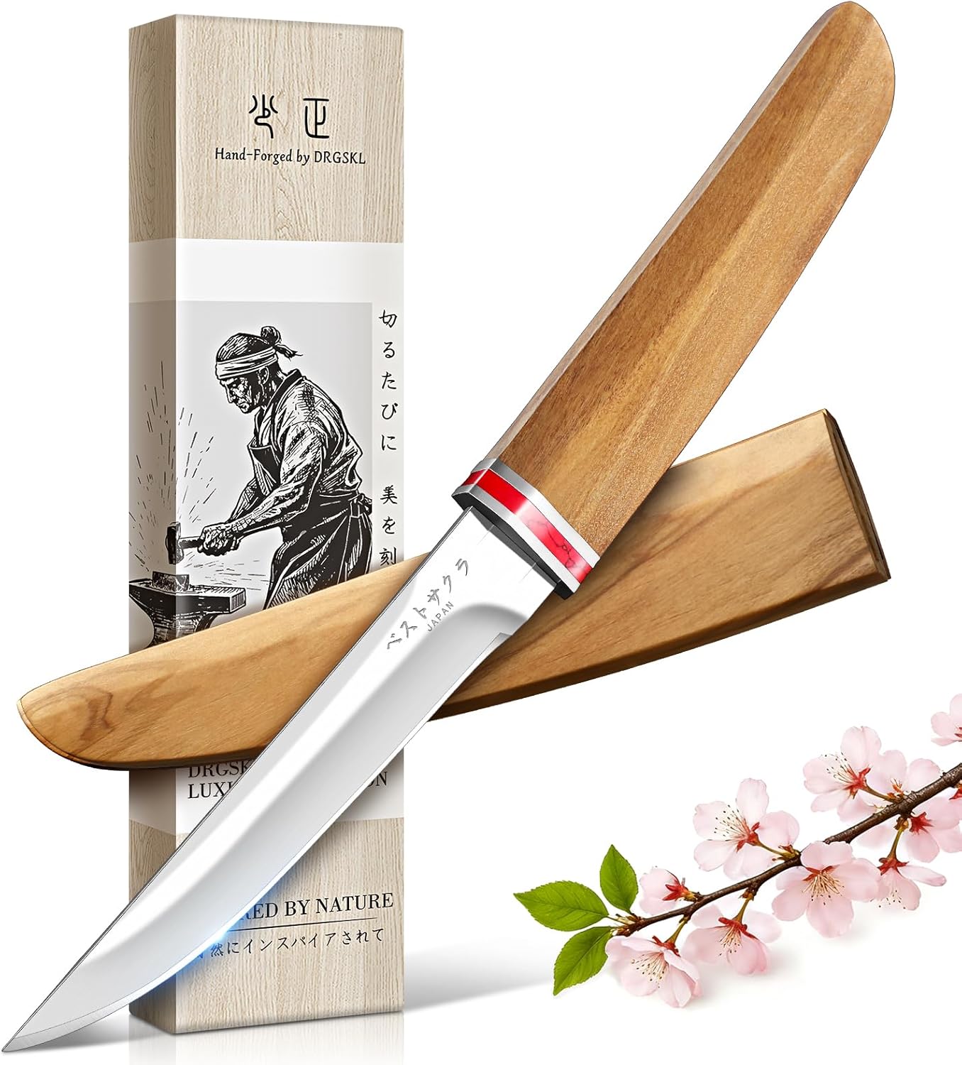 Camping Fixed Blade Knife - Handcrafted Japanese Knife with Wooden Sheath - Utility Knives for Cutting, Peeling and Crafting Feather Sticks - Gifts for Men
