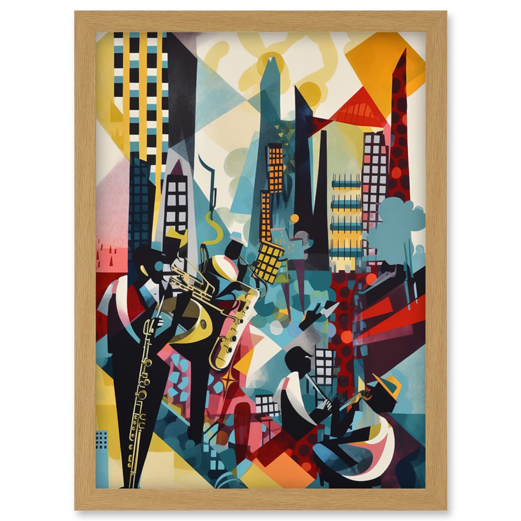 A4 Framed Watercolour Illustration - Jazz Musicians Urban Rooftop - Modern Abstract Wall Art Print - Artery8