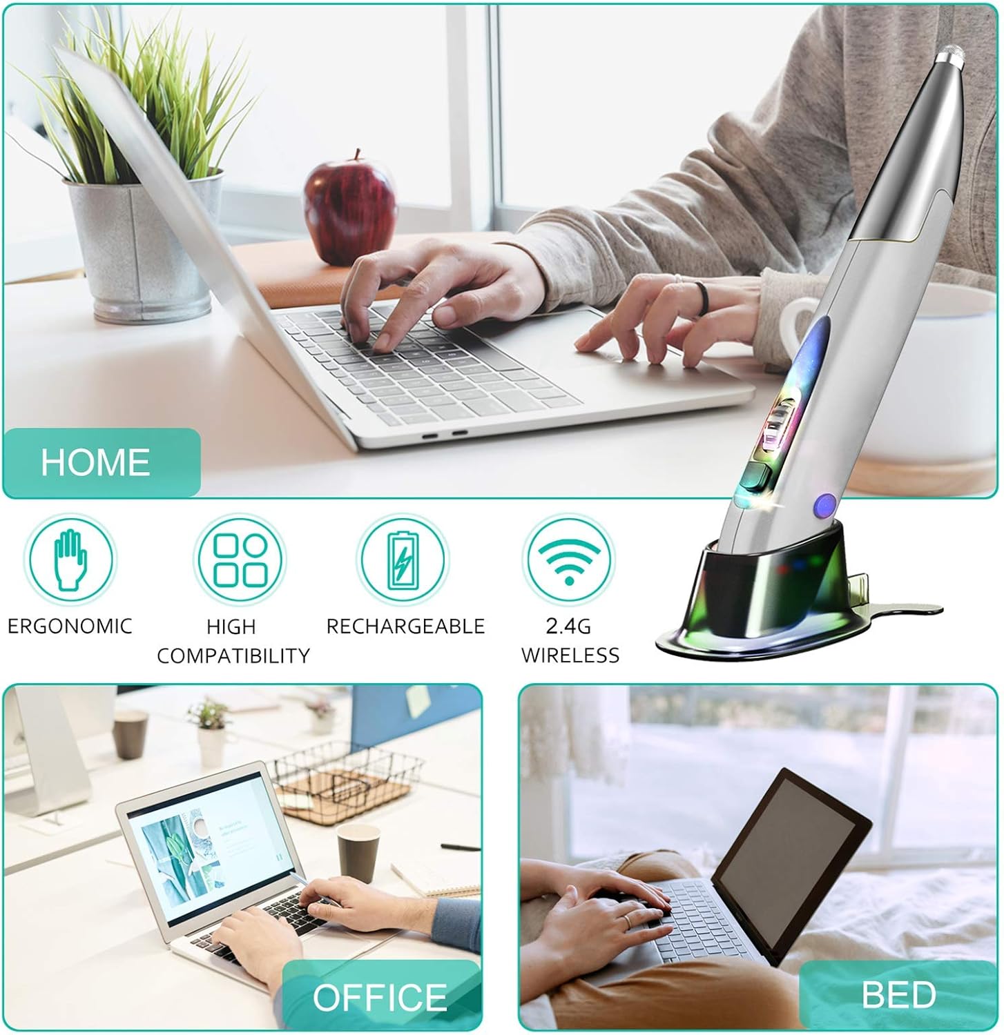 Wireless Optical Pocket Rechargeable Pen Mouse,2.4G USB with UCB-C & Micro-USB Adapter,Suitable for Both Right Hand and Left Hand.1000 DPI Ergonomic RGB Backlit Mini Mice for PC Notebook Mac (Grey)