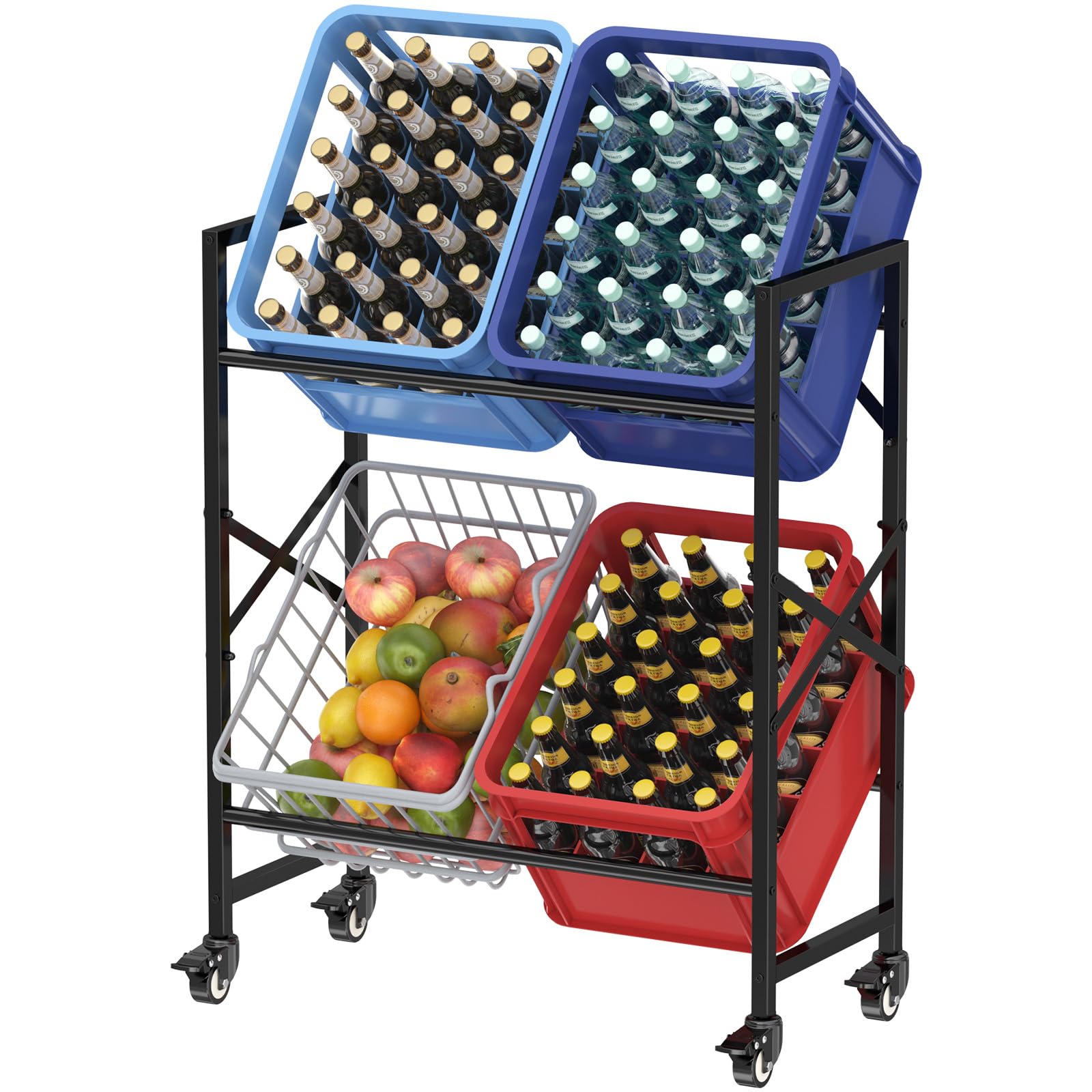 Lifewit Getränkekistenregal mit Rollen 4 Kisten, Stabiles Kistenregal Metall trag. 300 kg, platzsparendes Getränkeregal, Schwarz Bierkasten Regal, Ständer Getränkekisten für Bier, Obst, Gemüse, Wasser