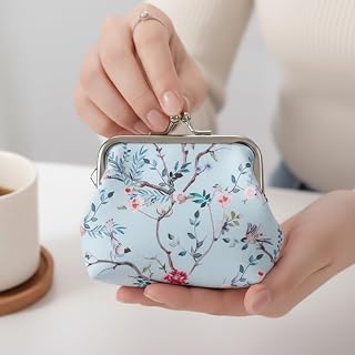 Small Floral Coin Purse Clasp Design-Floral Mini Wallet Change Pouch with Kiss Lock Frame for Women Keys Cards Cash Holder