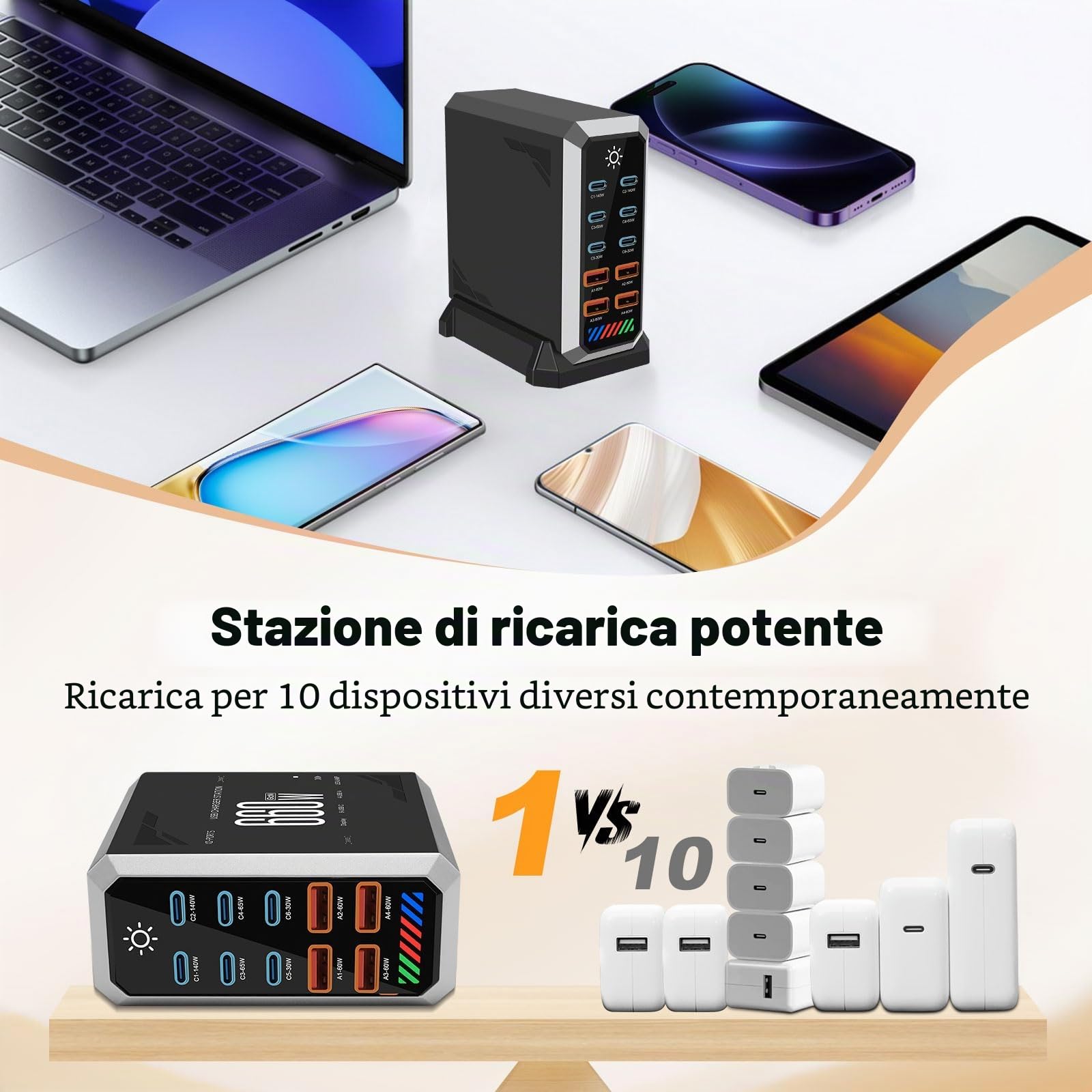 660W Caricatore USB Multiplo - 10 Porte (6 USB-C + 4 USB-A) con Ricarica Rapida, Stazione di Ricarica Compatta per Multi Dispositivi, Compatibile con MacBook, iPad, iPhone, Galaxy S22/S20, DELL, HP