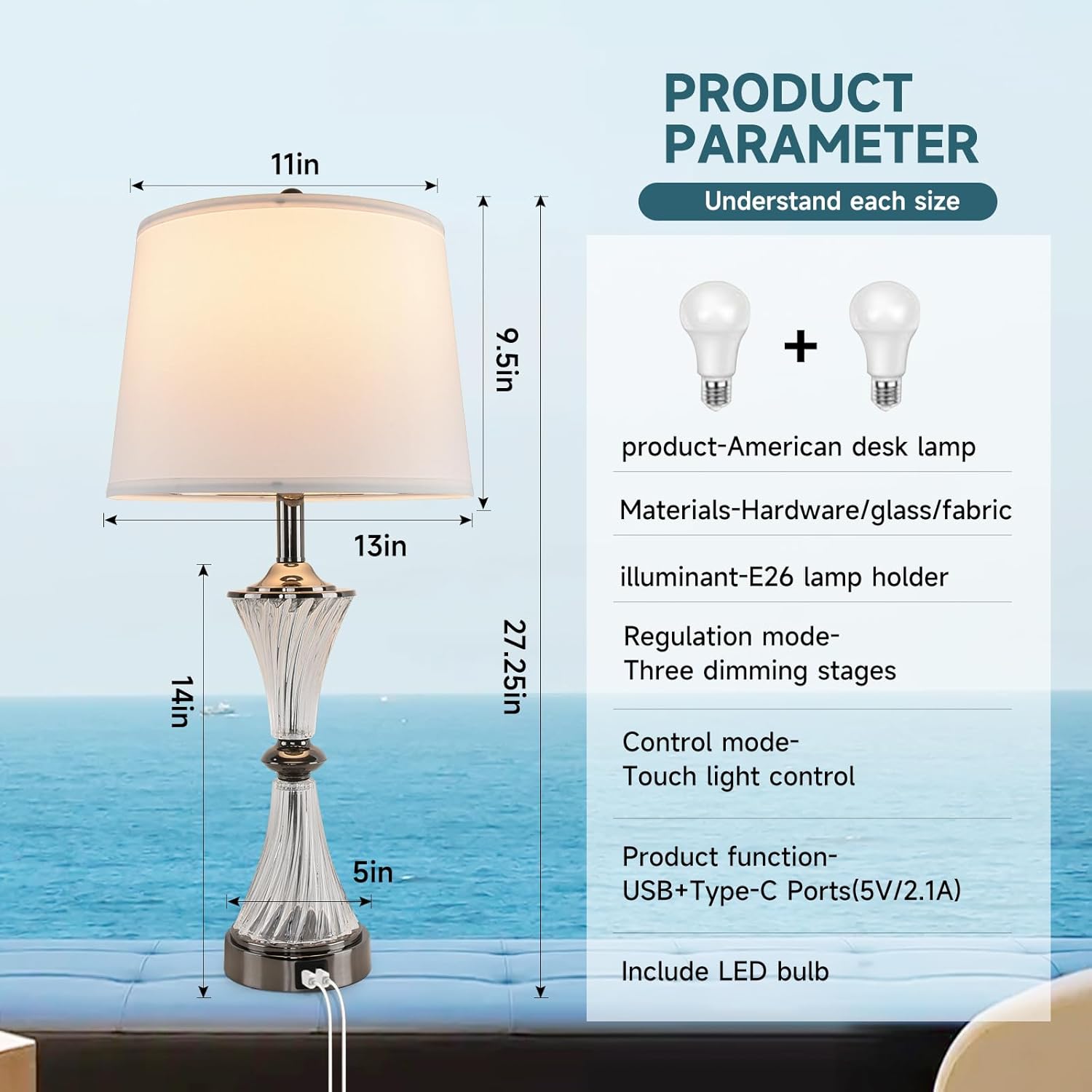 Terpsichore Touch Dimmable Table Lamps Modern Glass Table Lamp LED Lights Coastal Light USB Powered Desk Lights Bedside Crystal Lamps Nightstand Lamp Set of 2 & Outlets for Bedroom, Living Room