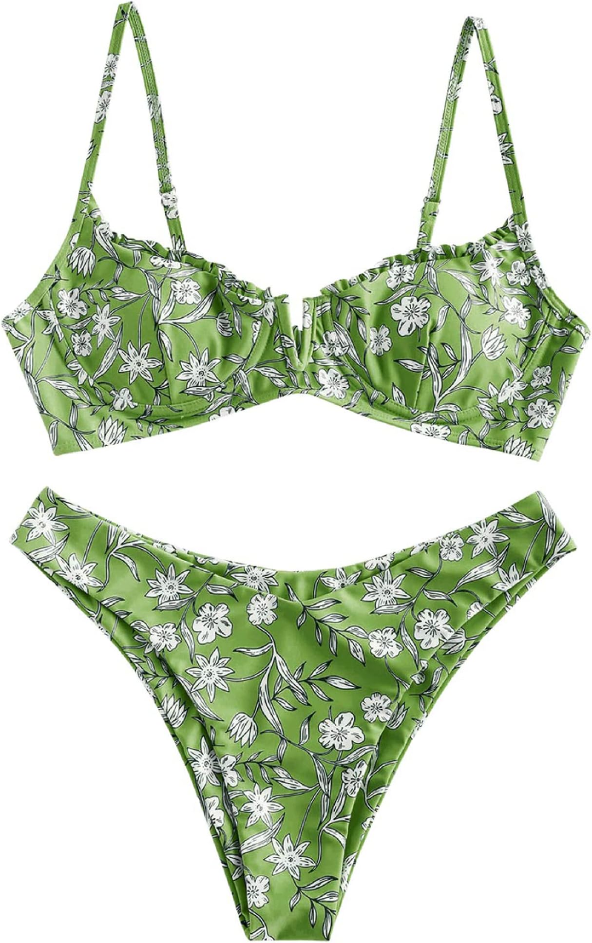 ZAFULWomen's Underwire Bikini Floral High Cut Bikini Set V-Wired Two Piece Swimsuit Bathing Suit