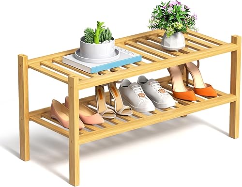 Zapatero de 2 niveles de bambú para clóset, estante de madera independiente, organizador de almacenamiento para entrada, espacio pequeño, apilable,