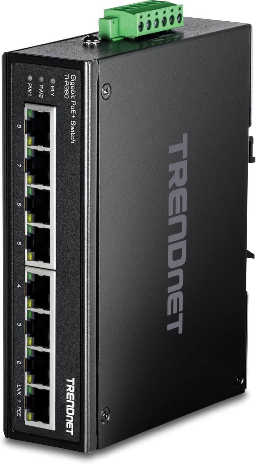 TRENDnet 8-Port Industrial Gigabit PoE+ DIN-Rail Switch, TI-PG80, 200W PoE Power Budget, 16Gbps Switching Capacity, NDAA & TAA Compliant, Ethernet Splitter, Lifetime Protection