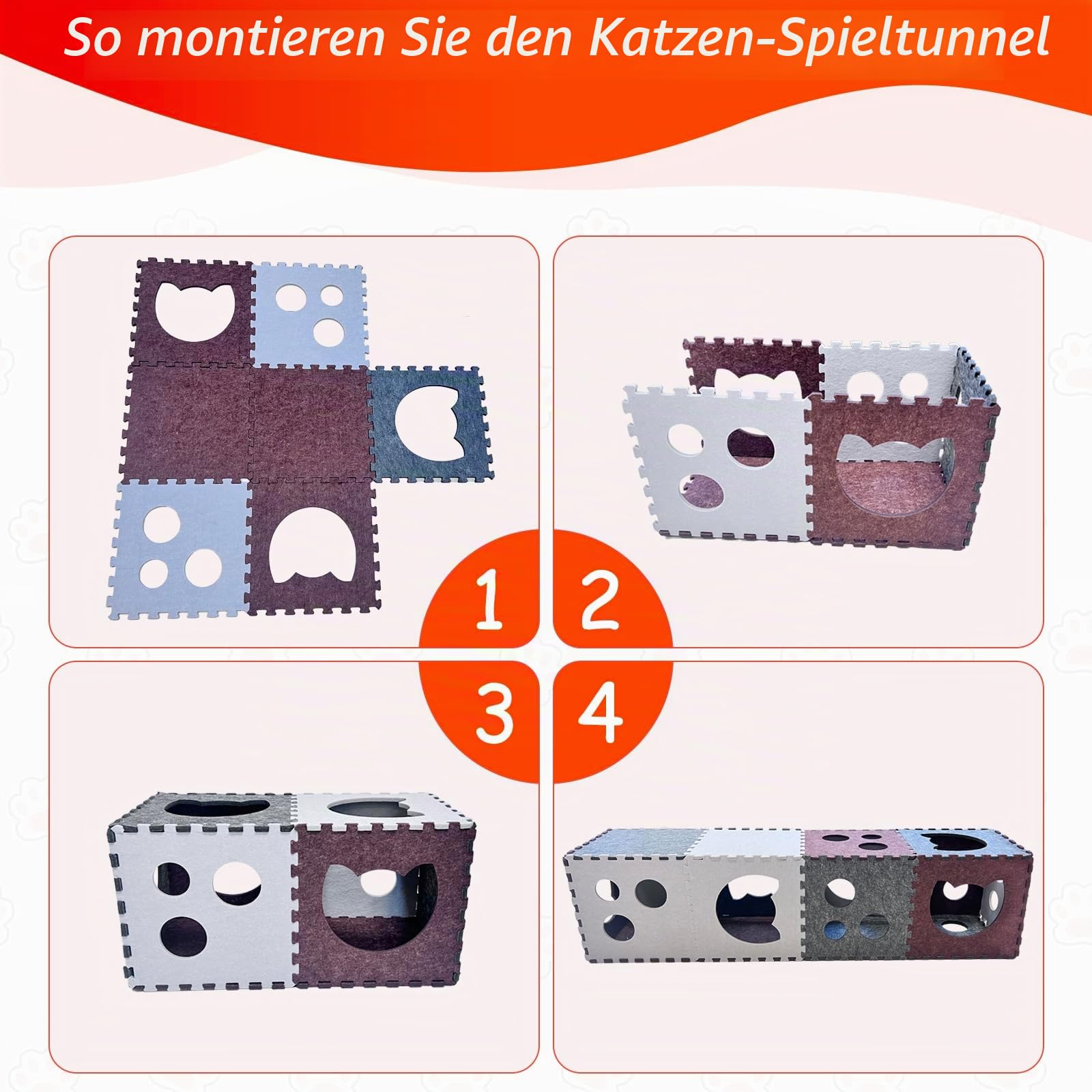 18 Stück Katzentunnel, DIY transformierbare Peekaboo Katzenhöhle, kratzfester Filz-Katzentunnel, Filz-Katzen-Versteckhöhle mit interaktiven Blicklöchern