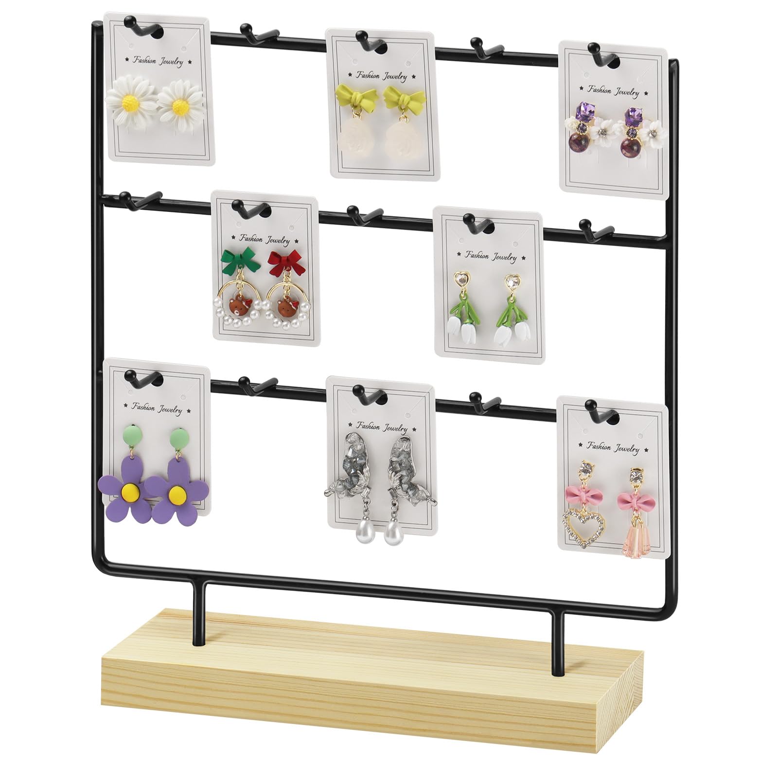 shidaishiye Earring Display Stand for Selling, Wood Earring Rack Tower Display Holder Stand (3 Tier,15 Hooks, Black)