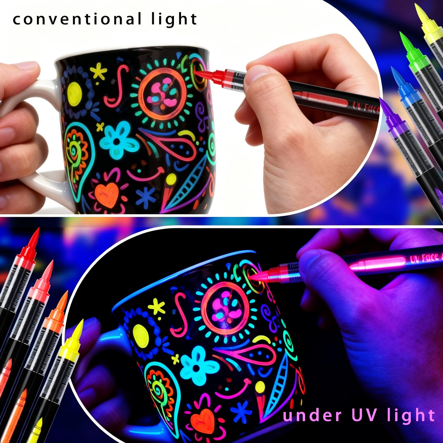 8 PCS Glow Face Body Paint, UV Neon Face And Body Paint Markers, Glow In The Dark Under UV Black Light Sticks Makeup,Washable Skin Tattoo Pen For Halloween, Music Festivals Parties