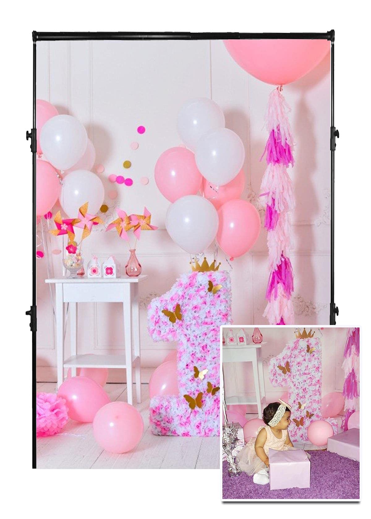 Amazon.com : AOFOTO 5x7ft Sweet Baby Cake Smash 1st Birthday Party  Photography Studio Backdrop Pink Girl Room Interior Decoration First Bday  Celebration Balloons Chair Ornaments Background Photo Shoot Video Props :  Electronics