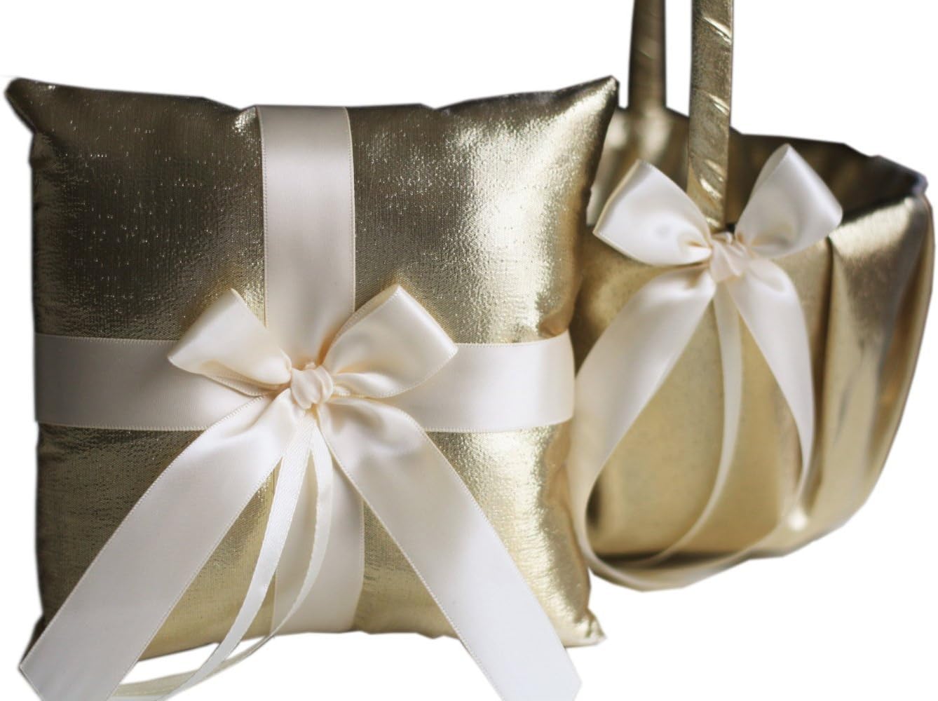 2 BASKETS & 1 PILLOW of Alex Emotions | Gold Collection | Gold Ivory Wedding Ring Pillow & Flower Girl Basket Set