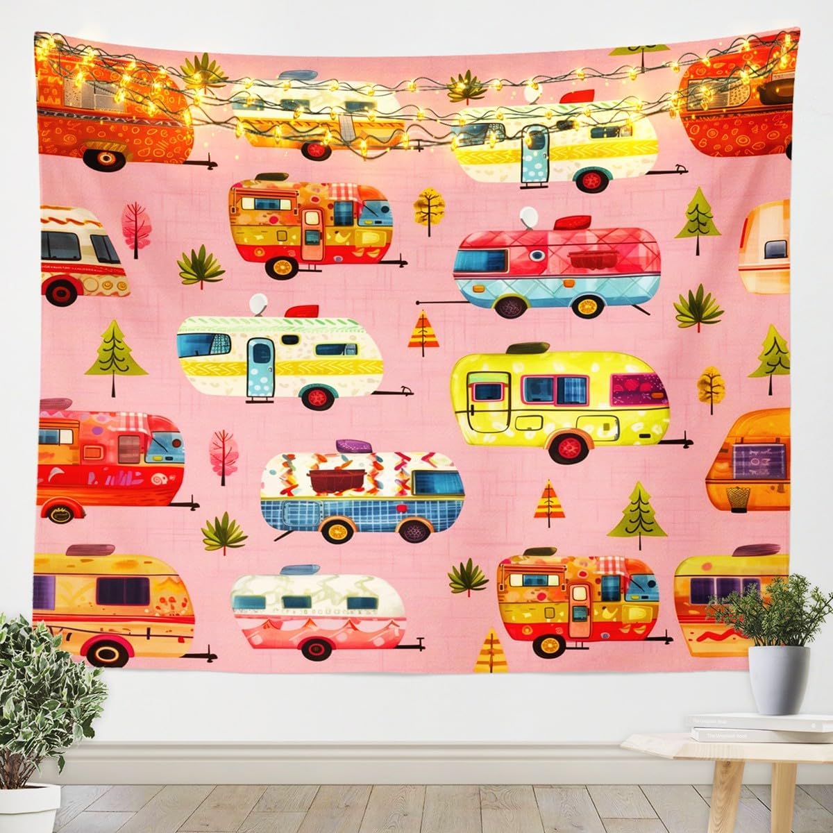 Feelyou Colorful Camping Car Tapestry Medium 59"x59" Kids Pink Happy Camping Wall Hanging for Boys Girls Teens RV Camping Wall Blanket Camper Accessories for Travel Trailers Wall Art Tapestries