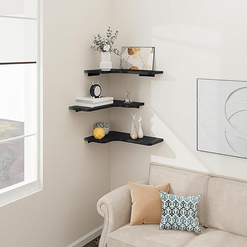 Miniatura 2 de Homode Estantes esquineros montados en la pared, juego de 3 estantes de esquina flotantes con agujero para cable, estante de exhibición colgante de