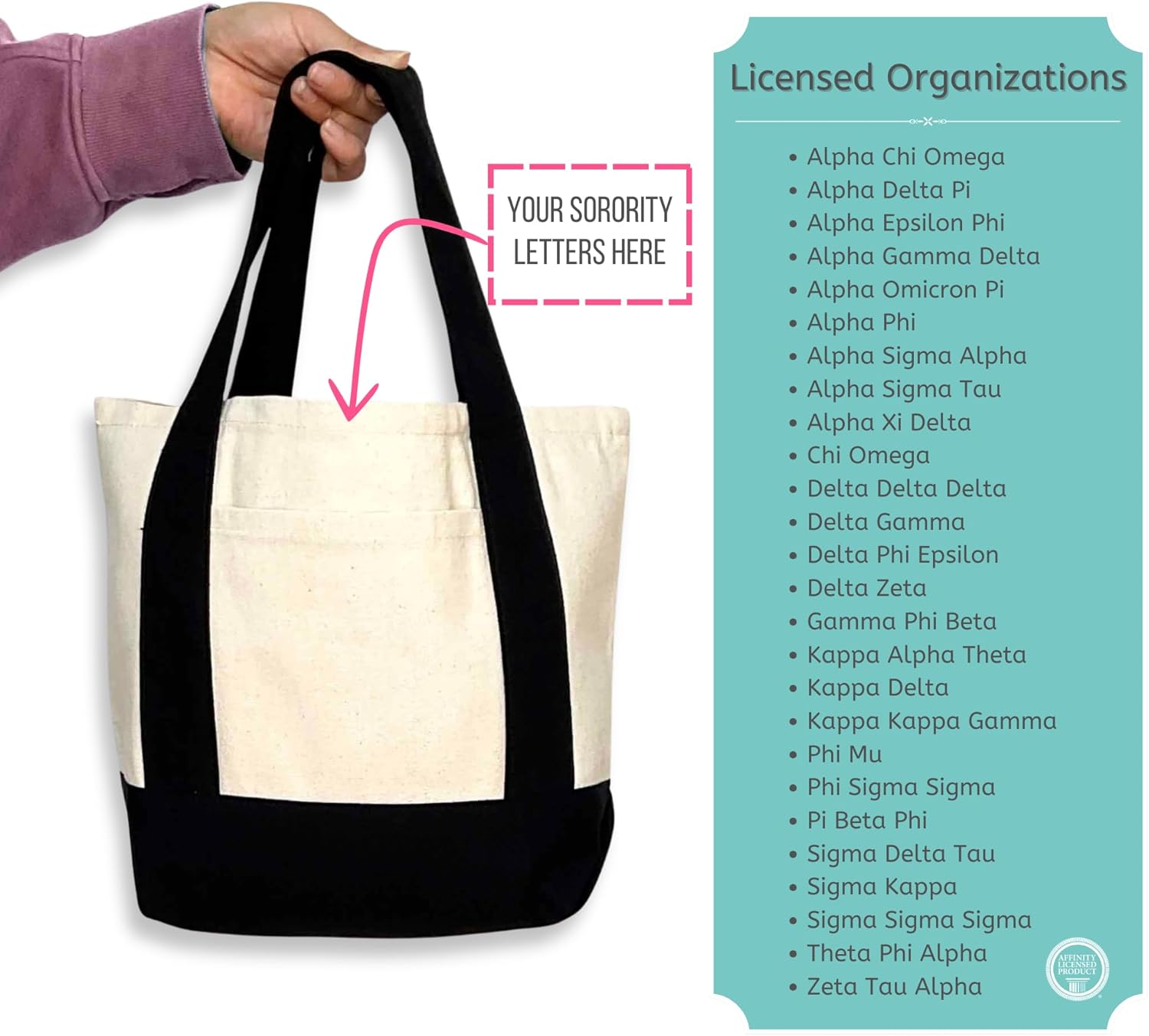 Greek Letters on Small Black Trimmed Natural Tote Bag - 100% Canvas, 14" Handles and Outer Pocket, Perfect for Everyday Use - Image 6