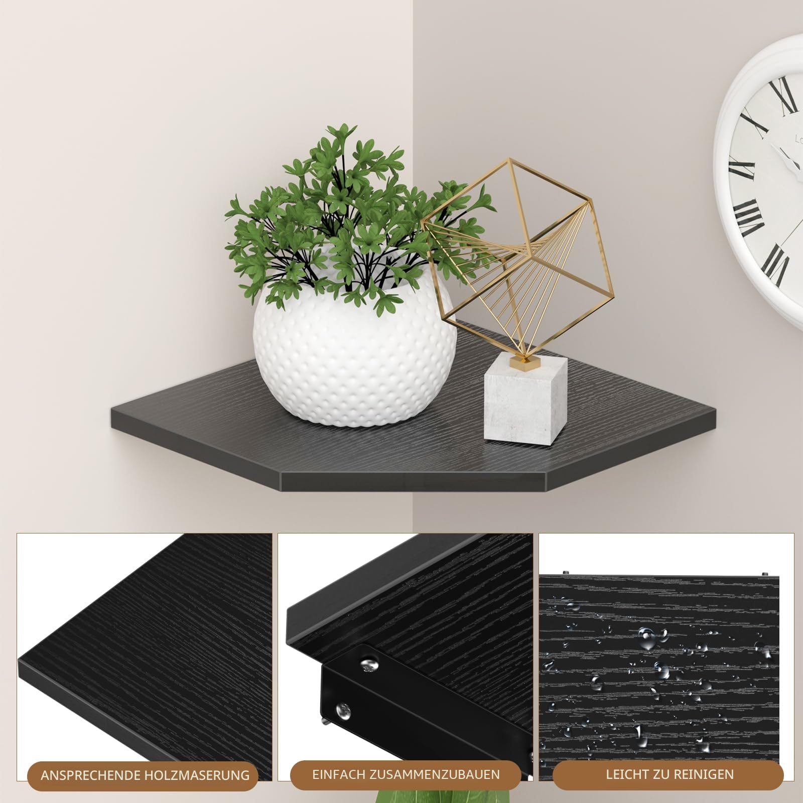 JJL Eckregale, 30 cm Eckregal Wandmontage mit Drahtloch, 4 Etagen 33,7 cm tiefes Holz-Eck-Hängeregal für Wandaufbewahrung, für Lautsprecher, Kabelbox, Schwarz