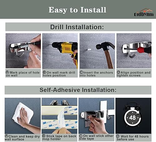 Miniatura 5 de Soporte de pared para escoba de fregona, de acero inoxidable, organizador de trapeadores para colgar en la pared con 4 abrazaderas, 5 ganchos,