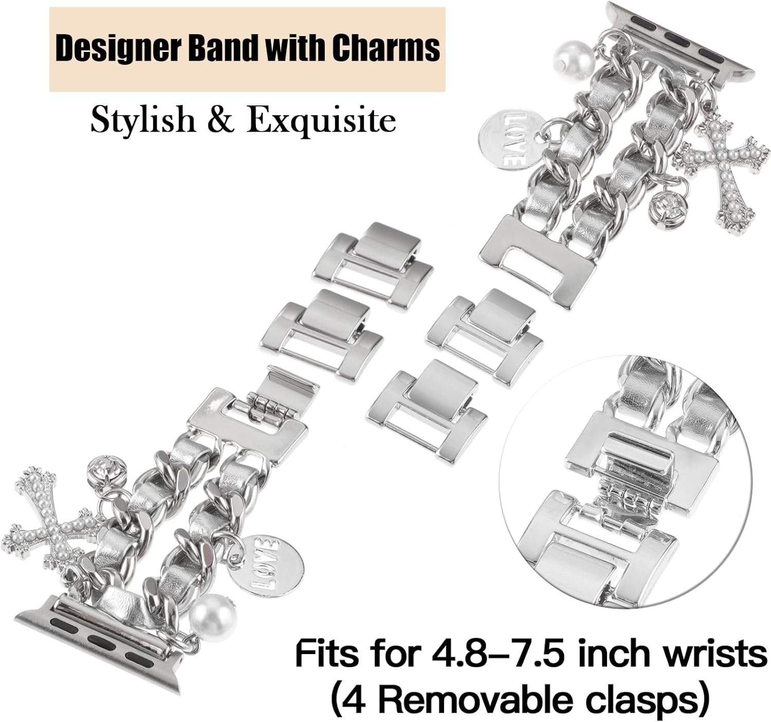 Stylish Metal Bands Compatible with Apple Watch Band 49/46/45/44/42mm 41/40/38mm Women,Cuban Chain Band with Cute Pendants Love Cross Charms Strap for iWatch Series 11 10 9 8 7 6 5 4 SE/Ultra 3 2 1 - Image 3