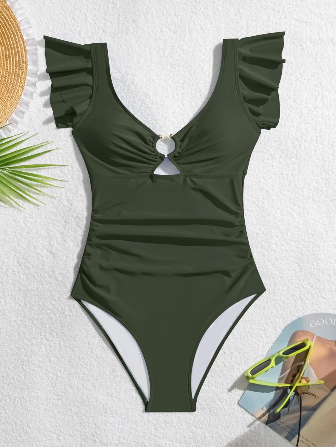 Eomenie Womens Ruffled One Piece Swimsuit Slimming Tummy Control Bathing Suit V-Neck Cutout Swimwear for Resort Wear - Image 5