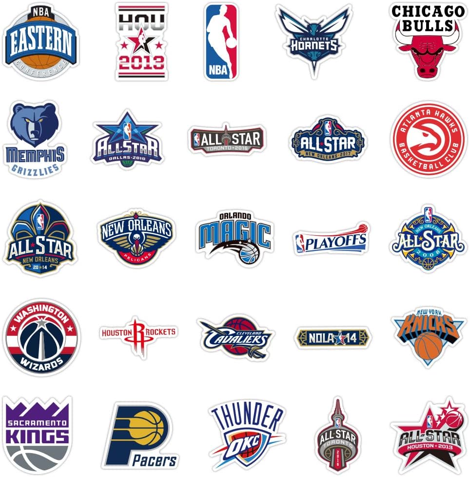 50PCS Basketball Team Logo Stickers Sports Fans Sticker Pack National Basketball Association Complete Set of All 30 Teams Collection Vinyl Decals for Water Bottles Luggage Snowboard Teens Gift