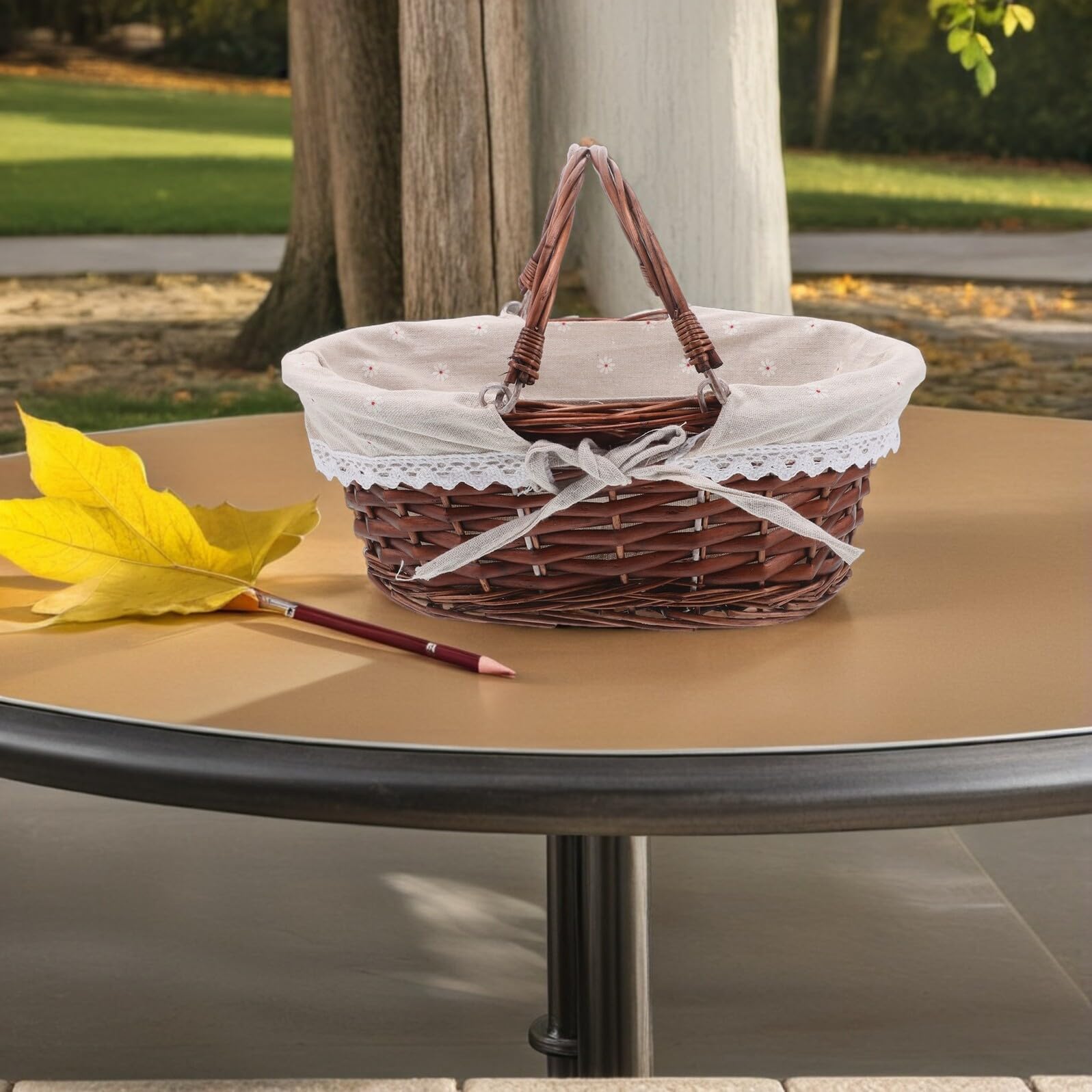 UPKOCH Cesta De Picnic De Mimbre Tejida Mano Cesta Ovalada con Asa y Forro para Guardar Dulces y Aperitivos Frutas y Pan Actividades Al Aire