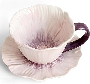 10 oz Tea Cups and Saucers, Ceramic Flower-shaped Cappuccino Cup, Latte Cup and Saucer set, elegant floral Espresso Cup set, Suitable for microwave and dishwasher-Purple