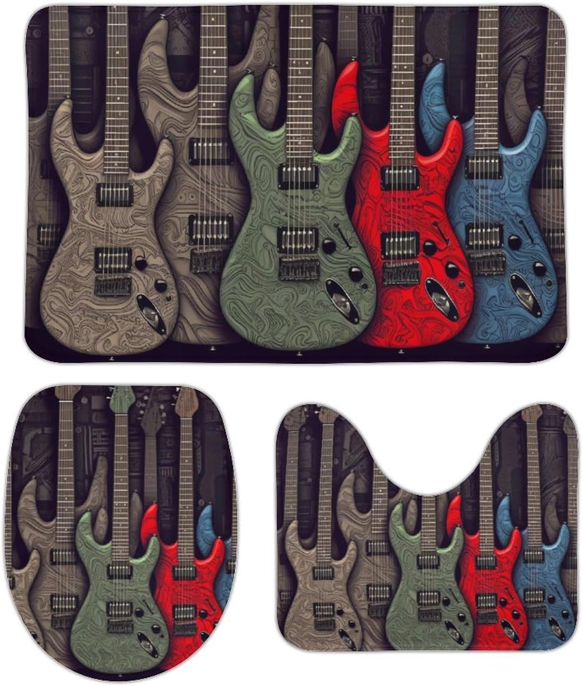 Anti-Skid Floor Mats 3 Piece Set,Guitar Pattern Printed Coral Fleece Bathroom Mats U-Shaped Contour Mat Toilet Seat Cover for Bathroom, Tub, Shower, Kitchen 19.7"x31.5"