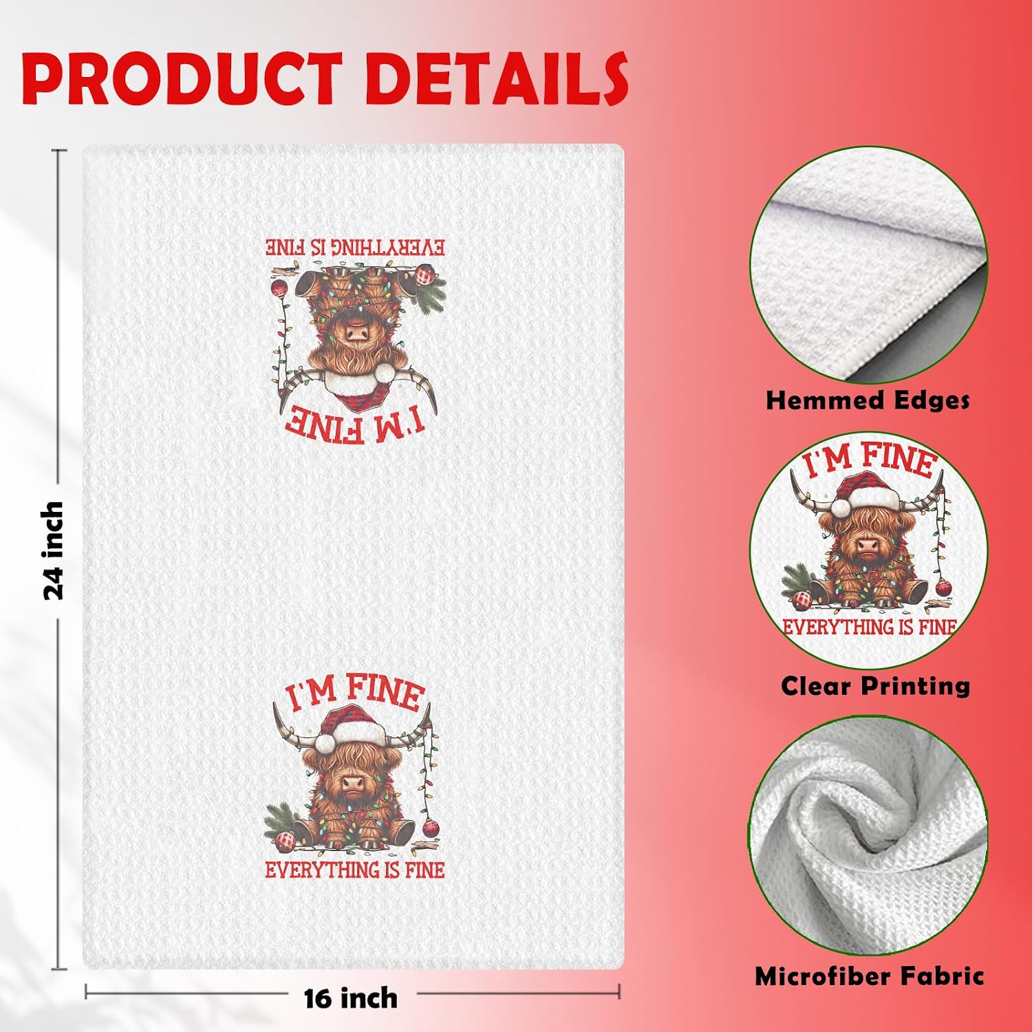 Funny Christmas Highland Cow Kitchen Dish Towels, Highland Cow Christmas Decorations, Holiday Xmas Lights Heifer Hand Tea Towels for Kitchen Bathroom Decor, 16x24 Inch image 3