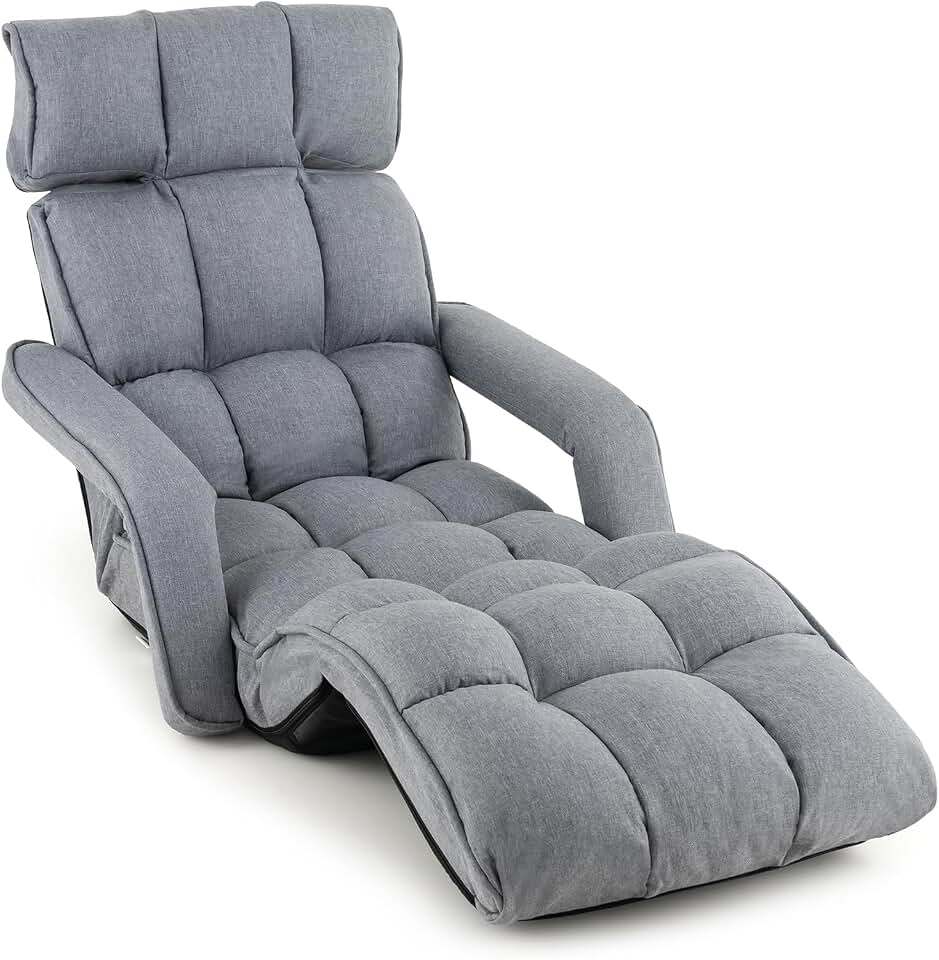 RELAX4LIFE Sofá de Suelo Plegable y Ajustable en 6 Posiciones 90°-180° con Reposabrazos y Marco de Acero, Sillón de Relax para Leer, Jugar, Yoga y Meditación, Carga 140kg, Gris