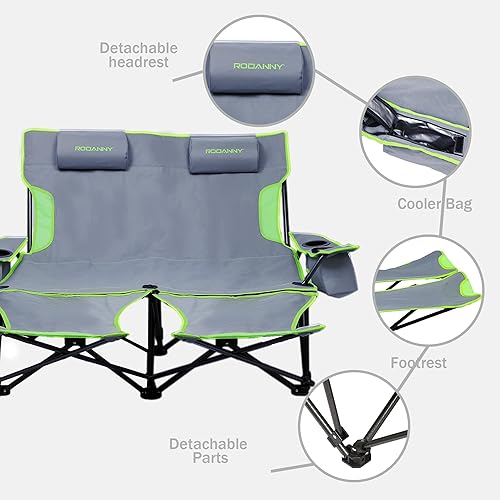 Miniatura 4 de Silla de camping doble reclinable, respaldo ajustable, sillas de playa para dos personas con reposapiés, sofá biplaza de camping plegable, soporta