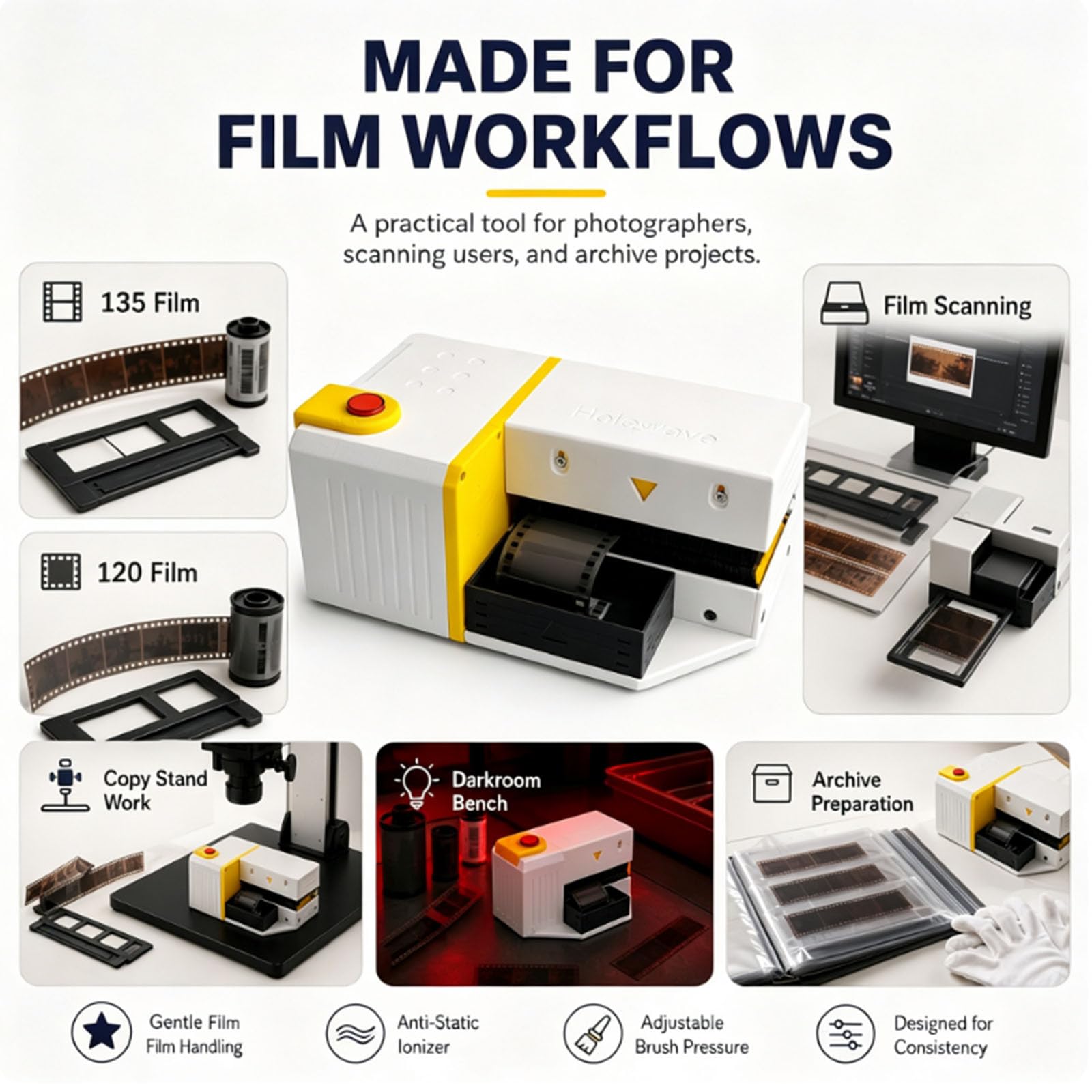 Antistatischer Elektrostatischer Filmreiniger, Antistatische Filmstaubentfernungsbürste Für 135/120-filme, 90 Mm Verstellbare Bürste Aus Reiner Wolle, Mit Filterlüfter, Zum Scannen Reinigen