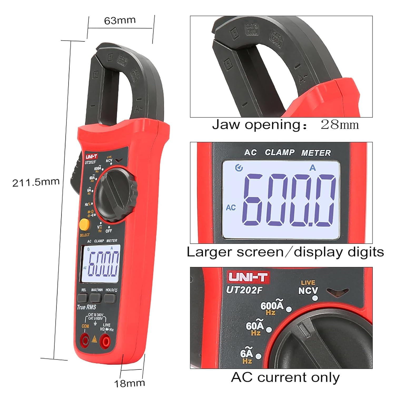 UNI-T UT202F Digital Clamp Meter 6000 Counts Auto Range True RMS Backlight NCV Multimeter