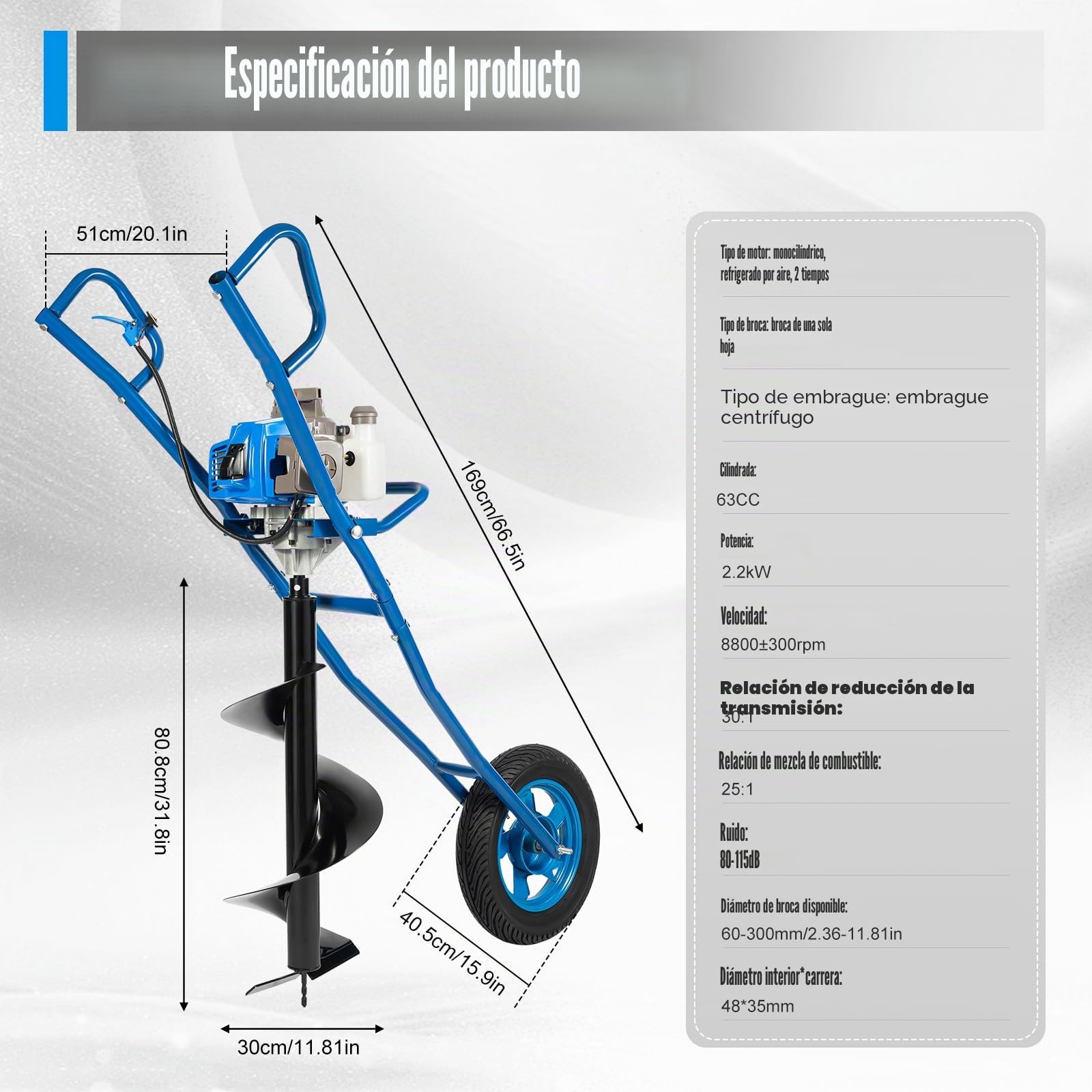 Broca de tierra de gasolina de 2 tiempos, 63 CC, 2,2 kW, con ruedas, 300 mm, broca de jardín, tipo empuje manual, taladro de gasolina, postes de valla, incluye depósito de 1,3 L