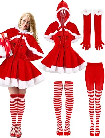 Panitay Women Santa Claus Christmas Costume Set Christmas Sleeveless Dress with Cape Striped Tights Socks Girls Red Gloves