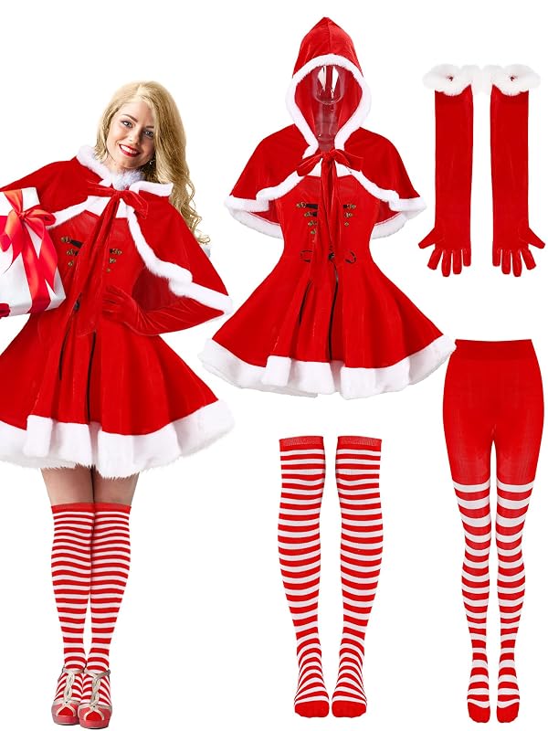 Panitay Women Santa Claus Christmas Costume Set Christmas Sleeveless Dress with Cape Striped Tights Socks Girls Red Gloves(XL Dress, XL Shawl) by Panitay - Used condition - US$11.13