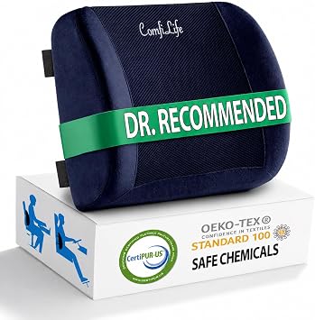 ComfiLife Lumbar Support Back Pillow Office Chair and Car Seat Cushion - Memory Foam with Adjustable Strap and Breathable 3D Mesh Navy