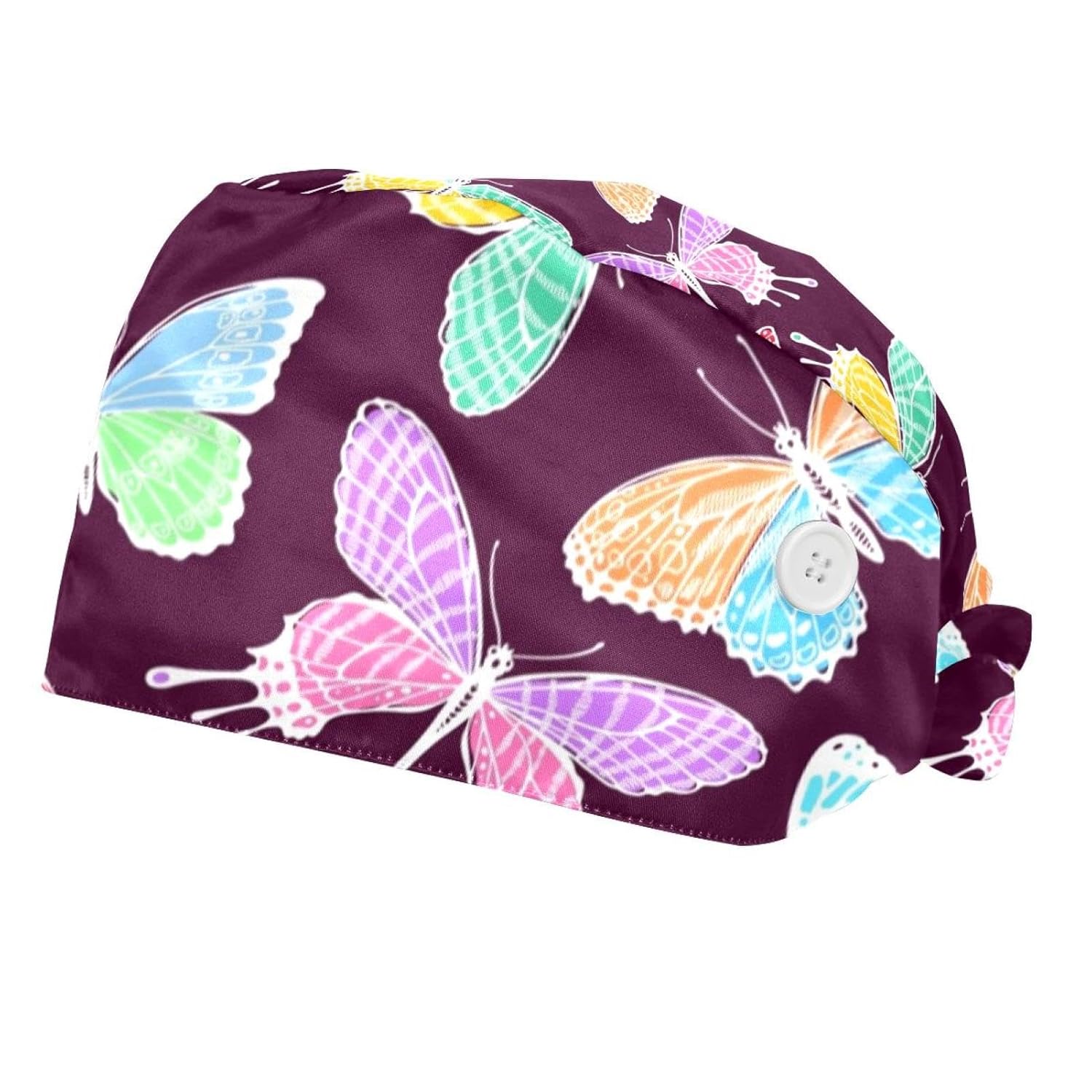 Texture Butterfly 2 Pieces Unisex Working Caps with Buttons Adjustable Bouffant Hats Tie Back Caps