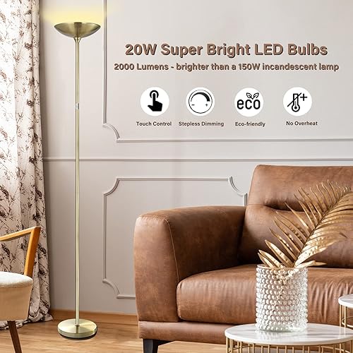 Miniatura 2 de BoostArea Lámpara de pie, lámpara de pie Torchiere, lámpara de pie alta LED de 20 W, 2000 lm, regulable continuo, control táctil, vida útil de 50000