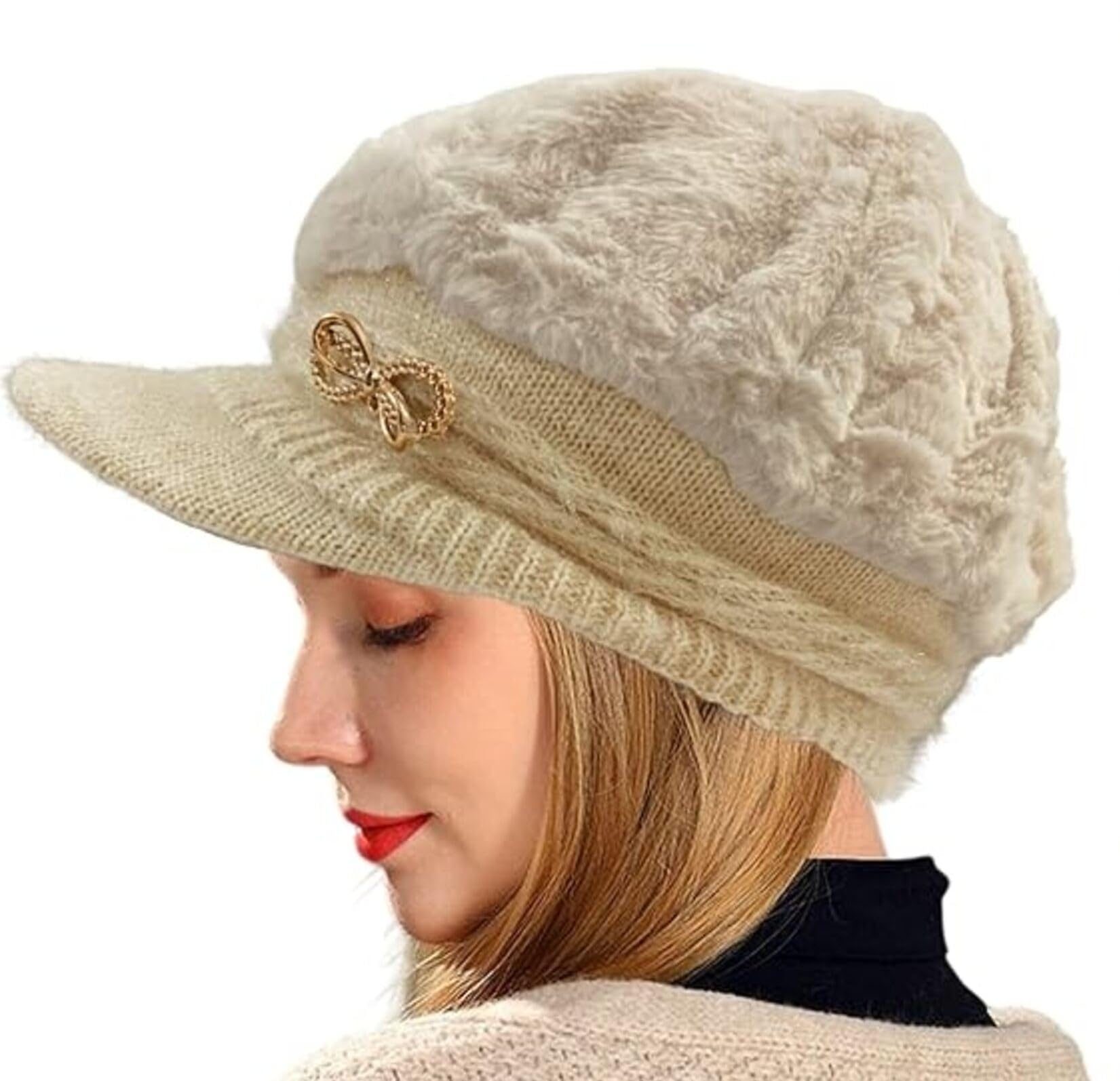 Buy Winter Knitted Newsboy Cap, Faux Fur Lined Warm Hat for Women