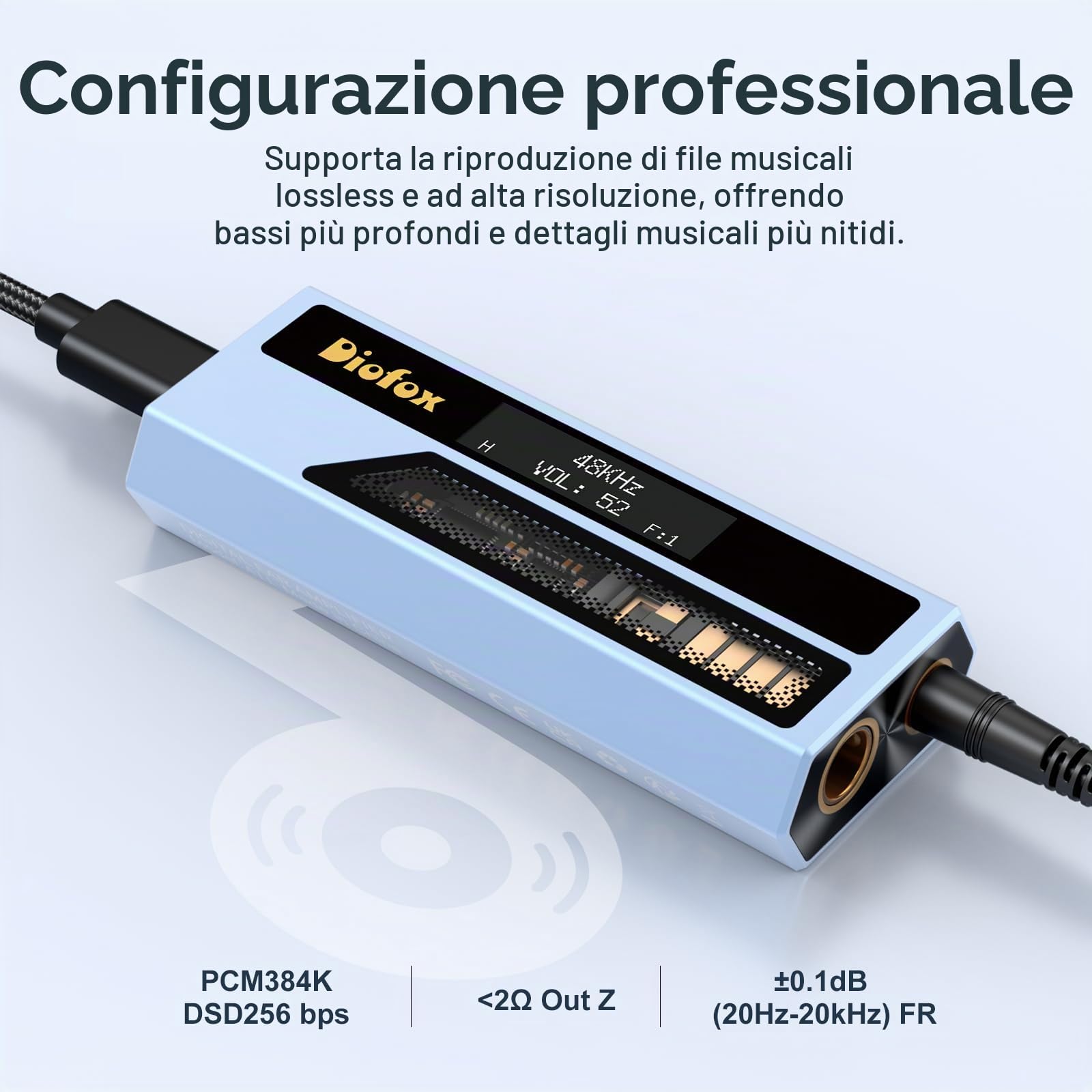 Diofox Amplificatore per Cuffie Audio DAC USB-C, Decodificatore Audio Portatile, Suono Hi-Fi Lossless, Chip ES9028Q2M, Uscita Cuffie Doppia da 3,5 mm e 4,4 mm, per PC, telefoni cellulari, iPad