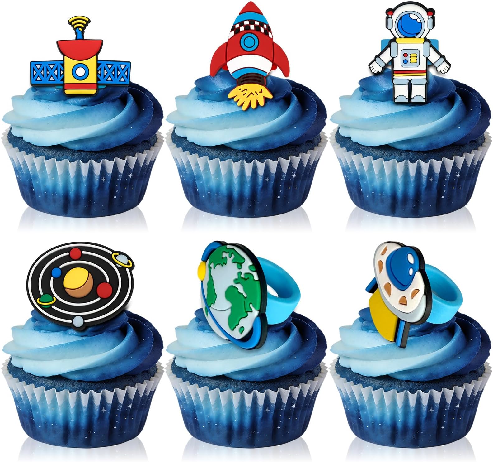 24Pcs Space Astronaut Cupcake Toppers Ring Planet Rocket Spaceship Trip to the Moon Cupcake Picks Space Themed Party Cake Decorations for Birthday Baby Shower Outer Space Themed Party Supplies