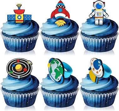 24Pcs Space Astronaut Cupcake Toppers Ring Planet Rocket Spaceship Trip to the Moon Cupcake Picks Space Themed Party Cake Decorations for Birthday Baby Shower Outer Space Themed Party Supplies