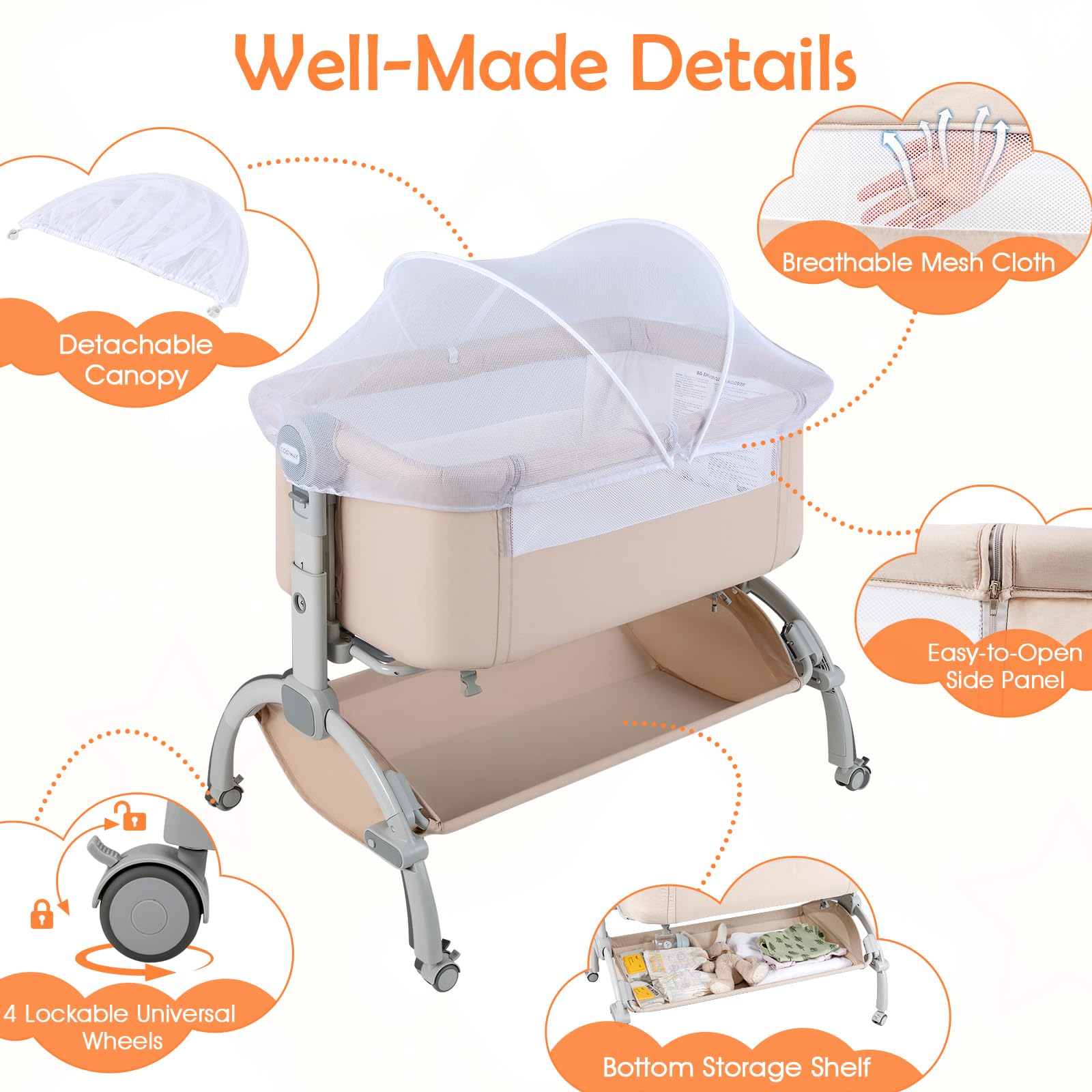 LIFEZEAL Cododo regolabile in 7 altezze, culla pieghevole con borsa portaoggetti, culla in tessuto Oxford con materasso e ruote universali, capacità 9 KG, 95x65x73,5-85,5 CM (beige)