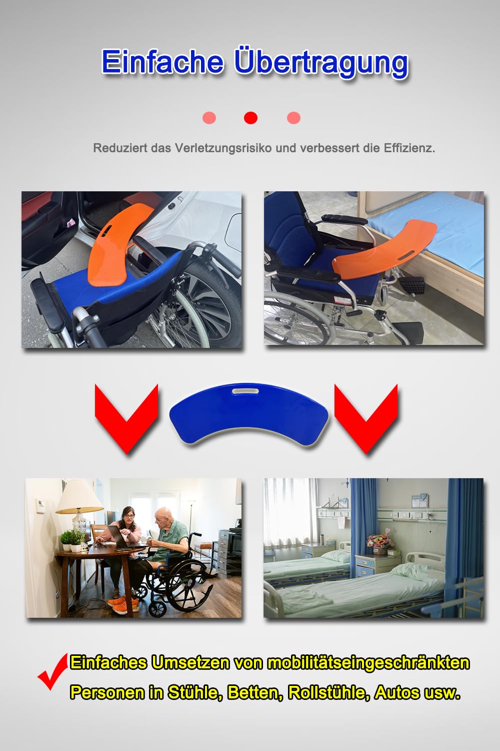 Transferbrett mit Griff – Patienten- oder Handicap-Gleithilfegerät für sicheren und einfachen Transfer vom Rollstuhl ins Bett, Toilette, Auto oder Badewanne – rutschfeste Mobilitätshilfe (Blue)