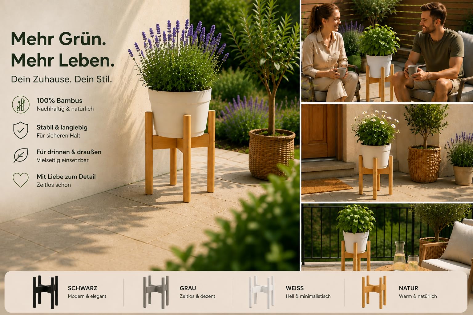 Rubberneck 2er Set Bambus Pflanzenständer - Verstellbare Blumentopfständer aus Bambusholz für den Innen- und Außenbereich - Beige | Blumentopfständer, 38 cm Höhe, 2 Höhenstufen per Drehung, Ø bis 30 cm, innen & außen, BPA-frei, Blumenständers, 2 Stück