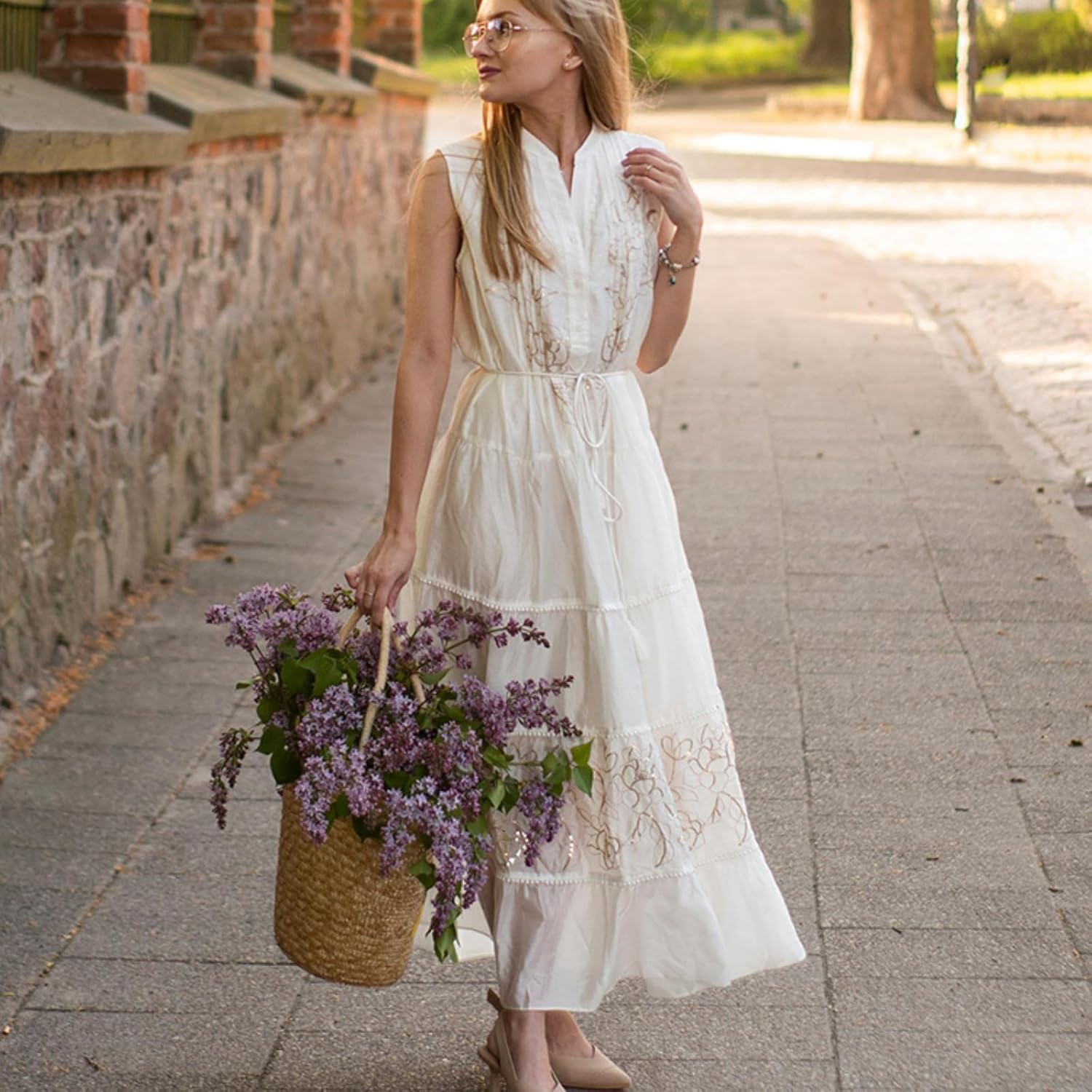 GOELIA White Dress 2025 Summer Casual Sleeveless V Neck Embroidered Tencel Blend Vest Maxi Dresses with Tie String Belt - Image 4